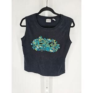 Chico's Women's Sleeveless Round Neck Embroidered Front Cotton Tank Top Size 2